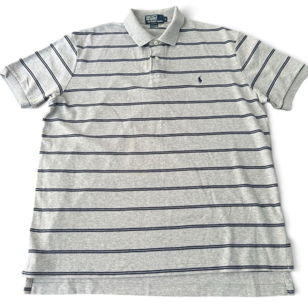 Ralph Lauren Polo Shirt Men L Gray Blue Stripe Golf Classic Cotton Pony Logo